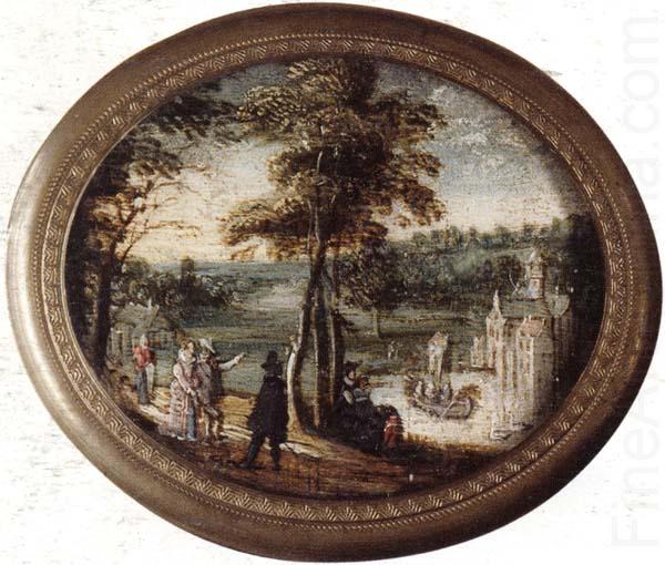 A landscape with elegant figures promenading before a lake,a castle beyond, unknow artist